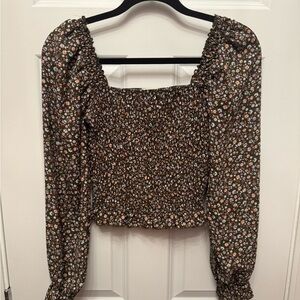 Floral Print Smocked Blouse - Brown and Multicolor